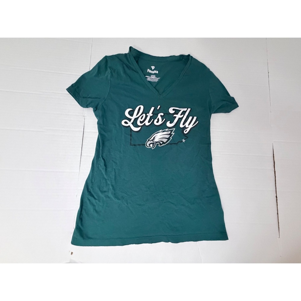 Fanatics Philadelphia Eagles Let's Fly V-Neck T-Shirt Green Womens Small NFL